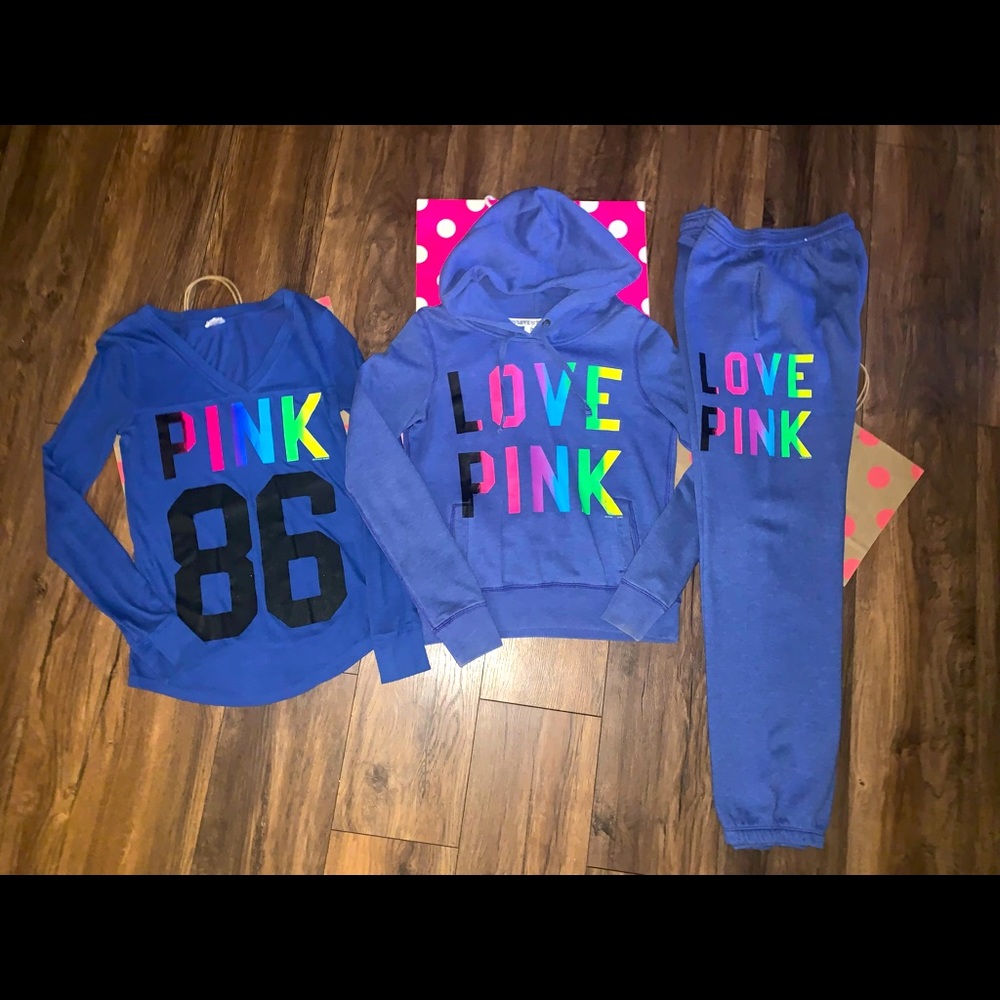 VS PINK size XS/S RARE HTF Royal Blue Rainbow Logo 3 Piece Set.